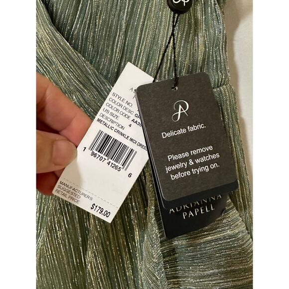Adrianna Papell Metallic Crinkle Midi Dress Green Slate Size 4 NWT Dressy - Picture 4 of 16
